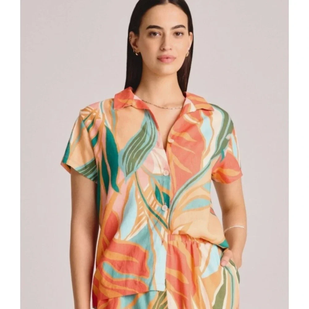 Vitamin A Womens‎ Short Sleeve Tropical Leaf Button Up Shirt Cover Up Small